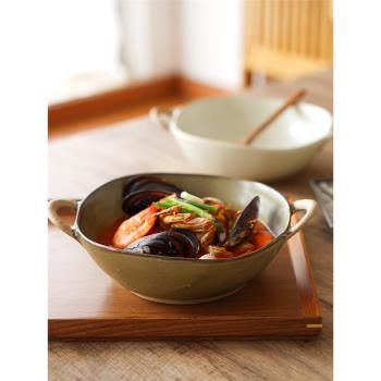 西田木雨簡色雙耳湯碗家用日式拉面碗螺螄粉復古陶瓷微波爐專用碗