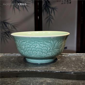 耀州窯天青秘色懶人免洗碗防燙青瓷陶瓷大面碗7英寸樓臺牡丹湯碗