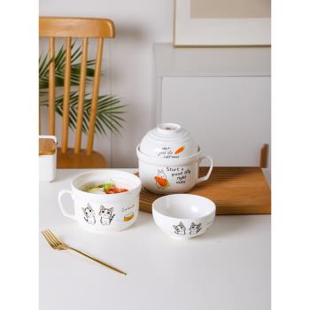 陶瓷泡麵碗家用帶蓋碗陶瓷飯盒碗宿舍用學生泡麵碗帶蓋卡通可微波