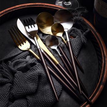 金色款拉絲褐色把不銹鋼西餐餐具套裝甜點勺咖啡勺手柄牛排刀叉勺