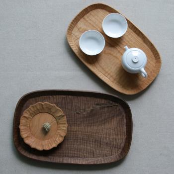 日式手作黑胡桃木櫻桃木實木整木純手工雕刻茶盤托盤家用餐盤