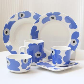 DearDali北歐風芬蘭罌粟同款藍色花朵餐盤杯碗韓式家用經典湯盤杯