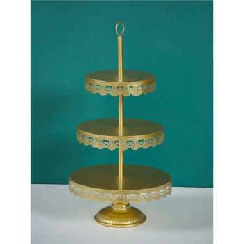 金色婚禮甜品臺擺件歐式蛋糕架婚慶道具蕾絲蛋糕盤鐵藝點心架