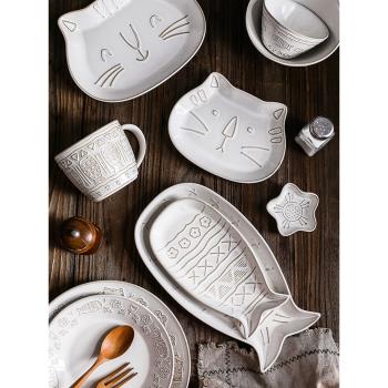 秋野家 日式卡通貓咪餐具 復古白均釉碗盤碟組合個性可愛餐盤家用