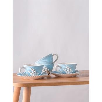出口單歐式藍色海洋復古風格浮雕陶瓷立體貝殼珊瑚咖啡杯茶壺盤