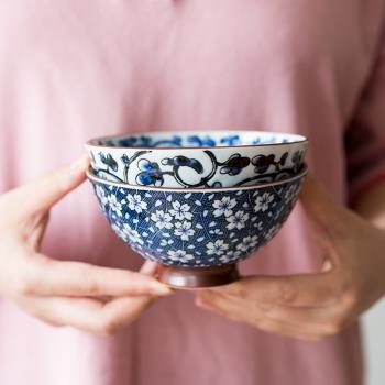 Lewu日本進口櫻花米飯碗復古日式釉下彩陶瓷高腳碗家用單個吃飯碗