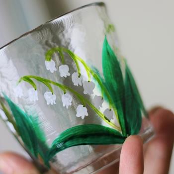 小清新日式錘紋透明水晶玻璃人工手繪蝴蝶牡丹鈴蘭水杯酒杯少女心
