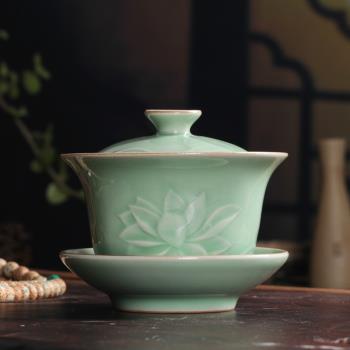 青瓷蓋碗茶杯大號單個泡茶碗龍泉復古荷花家用三才碗陶瓷功夫茶具