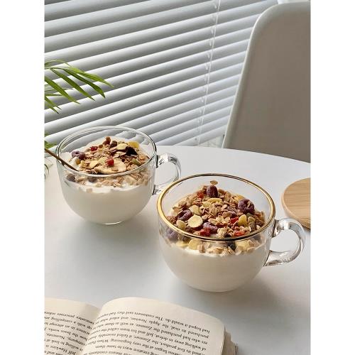 燕麥早餐碗帶蓋勺家用女冰淇淋酸奶碗麥片碗甜品糖水碗寬口玻璃碗