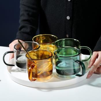 耐熱玻璃杯家用雙層防燙水杯咖啡杯泡茶杯彩色帶把喝水馬克杯子