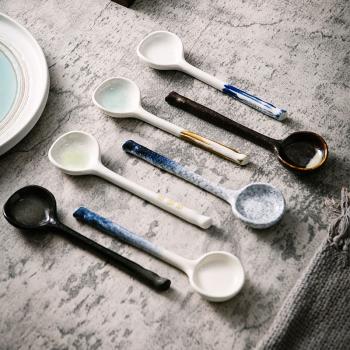 日式復古長柄家用湯匙勺子商用竹節勺陶瓷湯匙酒店家用勺子