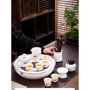 只此青綠羊脂玉茶具套裝千里江山陶瓷茶盤個性現代家用小套泡茶器