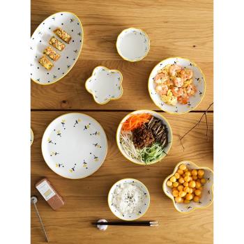 藍蓮花家居日式可愛家用陶瓷餐具家庭碗碟套裝盤子湯碗飯碗花邊碗