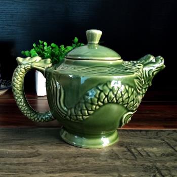 陶瓷復古浮雕釉下彩現代綠色茶壺