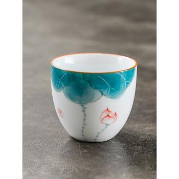 中式喝茶陶瓷主人杯單杯功夫茶杯釉下彩手繪瓷器品茗杯荷花茗茶杯
