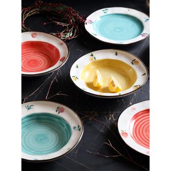 藍蓮花家居復古印跡餐盤深碗家用日式陶瓷餐具ins盤子深盤意面盤