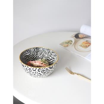創意個性豹紋碗地中海浮雕6寸陶瓷湯碗好看碗面碗水果沙拉碗粥碗