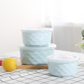 順祥陶瓷鉆石藍保鮮碗3件套裝大小號繽紛飯盒微波爐家用禮品餐具4