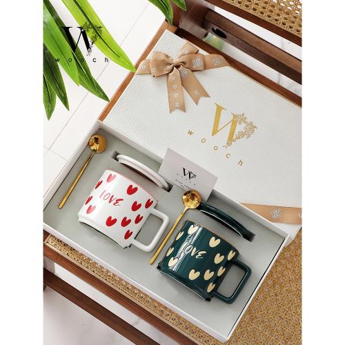 WOOCH創意桃心陶瓷杯禮盒情侶對杯馬克杯帶蓋勺情人節禮物伴手禮