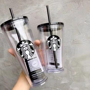 星巴經典吸管杯簡約雙層塑料透明杯帶logo拱蓋吸管杯