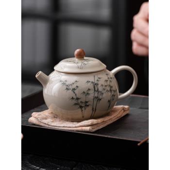 中式手繪文竹小茶壺陶瓷家用復古功夫茶具泡茶壺單人草木灰沖茶壺