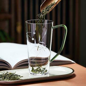 大號帶把綠茶杯龍井杯子專用刻花玻璃杯泡茶杯辦公室家用水杯女士