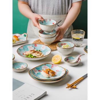 日式手繪玉蘭花陶瓷餐具盤子碗餐盤菜盤家用飯碗湯碗創意新款魚盤
