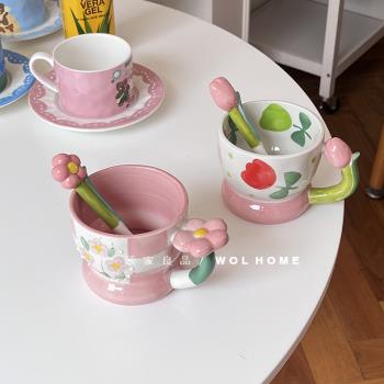 小眾立體郁金香花朵陶瓷杯馬克杯咖啡杯家用早餐杯飲料杯子釉下彩