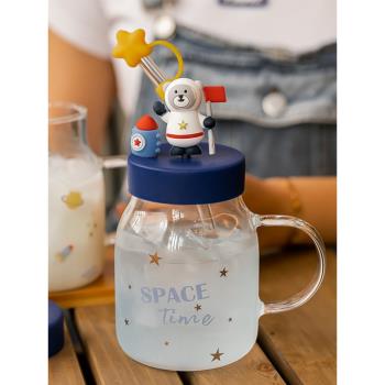 宇航員小熊玻璃杯可愛水杯帶蓋把手吸管杯子女生家用耐熱泡花茶杯