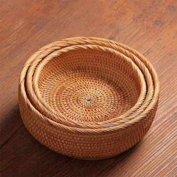 日式圓形水果籃子零食點心饅頭麵包客廳家用越南藤編織收納筐託盤