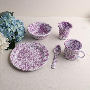 印象搪瓷 韓國ins同款紫色潑墨 沙拉酸奶面碗谷物沙拉碗平盤勺子