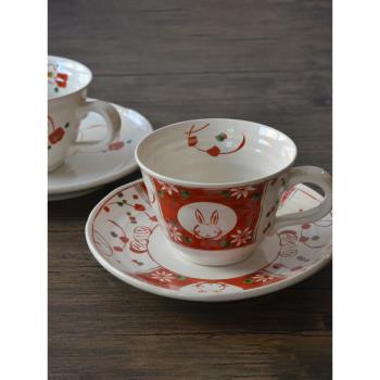 日本進口BLOOM美濃燒櫻花兔子咖啡杯碟套裝陶瓷家用情侶馬克對杯