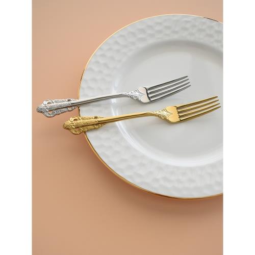 歐式精致甜品叉子 小甜點餐具金色創意點心叉304不銹鋼金屬蛋糕叉