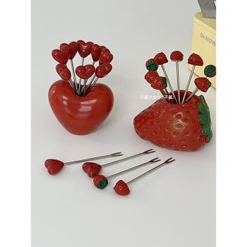 水果叉不銹鋼草莓造型家用客廳兒童可愛水果簽蛋糕零食小叉子卡通