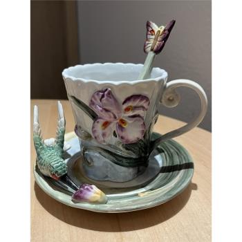 田園風格手繪咖啡杯碟歐式家用花茶杯下午茶杯碟陶瓷帶勺三件套