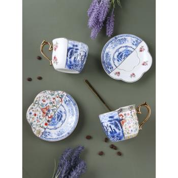 中式田園風陶瓷描金設計感不對稱植物花卉下午茶青花咖啡杯碟套裝