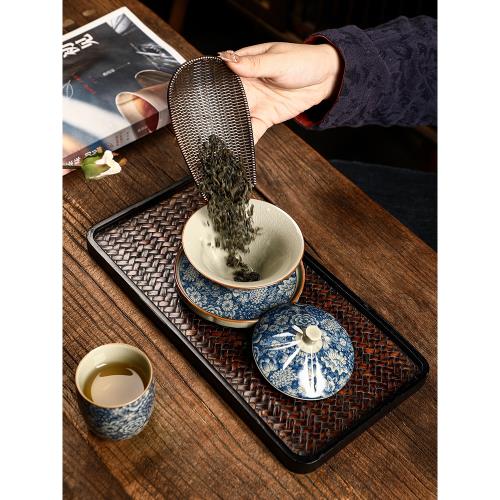 汝窯青花陶瓷三才蓋碗家用中式茶碗復古可養小型辦公室沖茶器茶杯|蓋碗