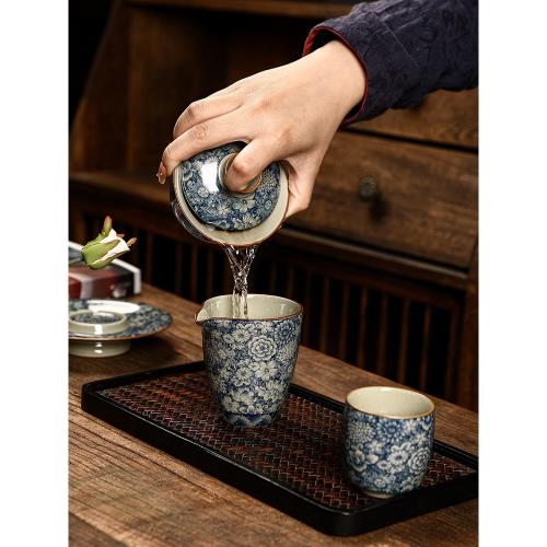 汝窯青花陶瓷三才蓋碗家用中式茶碗復古可養小型辦公室沖茶器茶杯|蓋碗