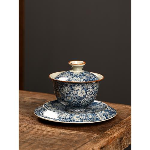 汝窯青花陶瓷三才蓋碗家用中式茶碗復古可養小型辦公室沖茶器茶杯|蓋碗
