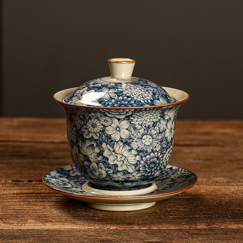 汝窯青花陶瓷三才蓋碗家用中式茶碗復古可養小型辦公室沖茶器茶杯|蓋碗