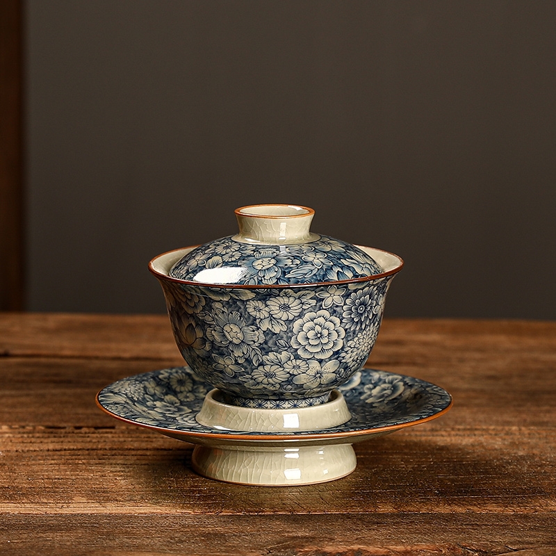 汝窯青花陶瓷三才蓋碗家用中式茶碗復古可養小型辦公室沖茶器茶杯|蓋碗