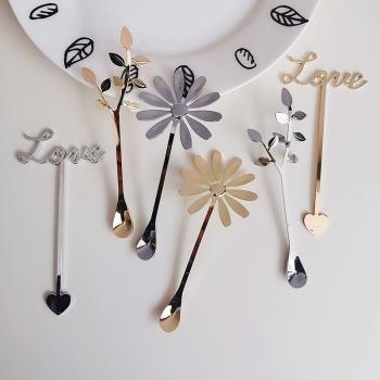 外貿日本不銹鋼立體樹葉咖啡勺金屬可愛花朵造型攪拌勺子情侶茶匙
