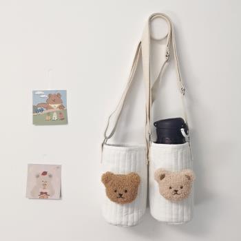 韓國ins風 小熊頭衍縫布保溫杯套兒童水杯袋 可肩挎保溫杯背帶