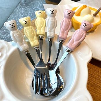 韓國ins可愛小熊勺子吃飯勺幹飯勺甜品水果叉子304不銹鋼餐具超萌