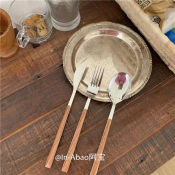 阿寶A BaO-韓國ins仿木柄全套家用便攜不銹鋼刀叉勺西餐沙拉餐具