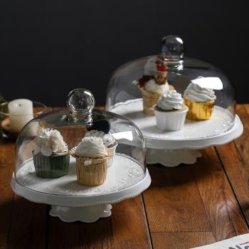 JIALICMJ圓形陶瓷高腳蛋糕盤帶玻璃罩面包托盤甜品盤ins糕點試吃