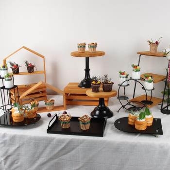 木質甜品臺擺件森系擺臺蛋糕展示架下午茶點心盤亞克力黑色托盤