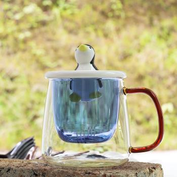 嘉樂先生 創意可愛個性杯子水杯茶杯玻璃杯陶瓷企鵝蓋子過濾網
