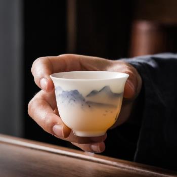 元毅白瓷品茗杯羊脂玉主人杯陶瓷茶具單杯家用手工手繪釉下彩茶杯