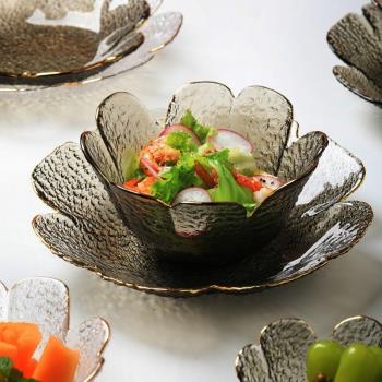 輕奢日式錘紋金邊花瓣玻璃碗盤套裝家用不規則玻璃沙拉碗水果盤子